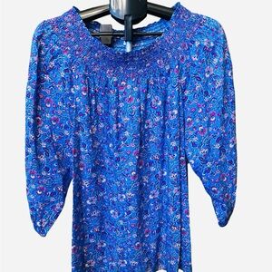 J. Jill Blue Floral Smocked Neck Blouse